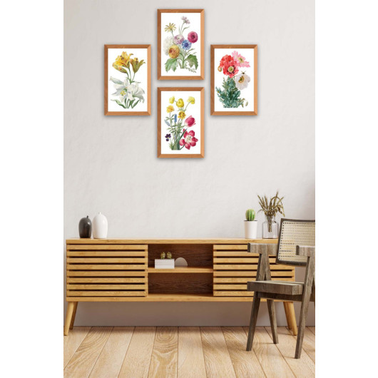 4 Piece Watercolor Style Floral Patterned Uv Printed Mdf Painting Set