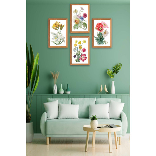 4 Piece Watercolor Style Floral Patterned Uv Printed Mdf Painting Set