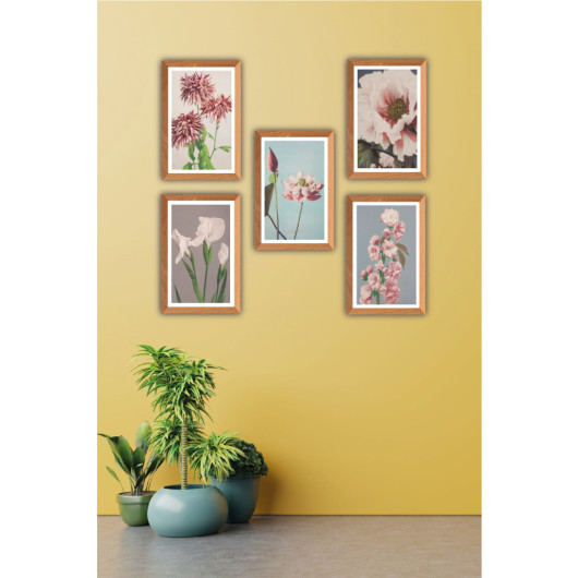 5 Piece Wooden Frame Look Floral Pattern Uv Printed Mdf Painting Set