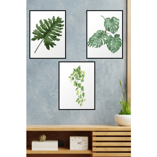 Set Of 3 Botanical Style Paintings With Black Frame Appearance