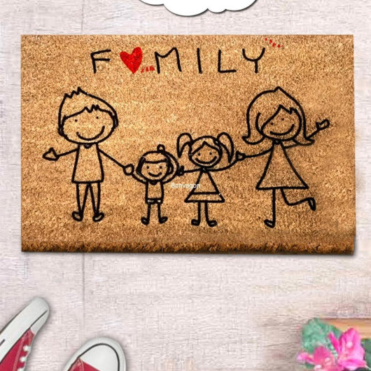Entrance Mat With A Family Drawing, 60X40 Cm