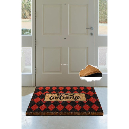 Plaid Red Natural Coconut Doormat 60X40Cm