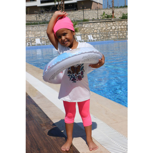 Printed Short Sleeve Kids Pool Swimsuit-White-Pink
