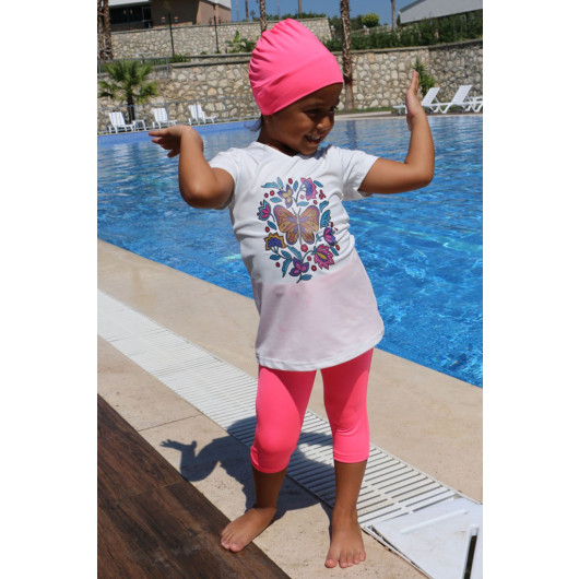 Printed Short Sleeve Kids Pool Swimsuit-White-Pink