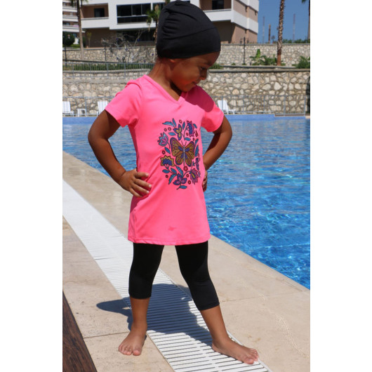 Printed Short Sleeve Kids Pool Swimsuit-Pink-Black