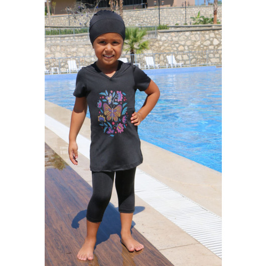 Printed Short Sleeve Kids Pool Swimsuit-Black