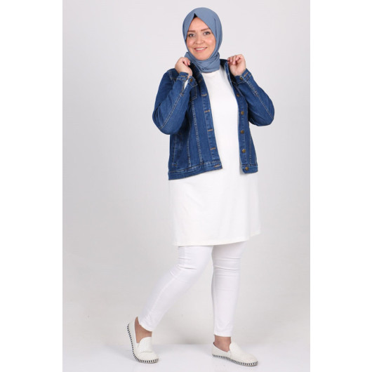 Plus Size Short Denim Jacket - Navy Blue