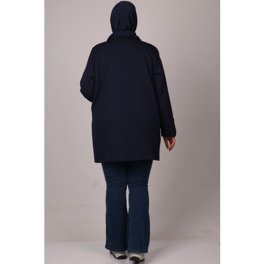 Plus Size Length Blazer Jacket-Navy Blue