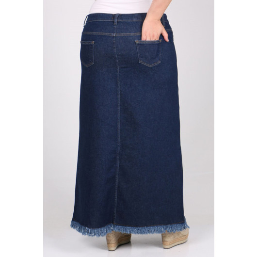 Plus Size Front Buttoned Denim Skirt With Six Tassels - Navy Blue