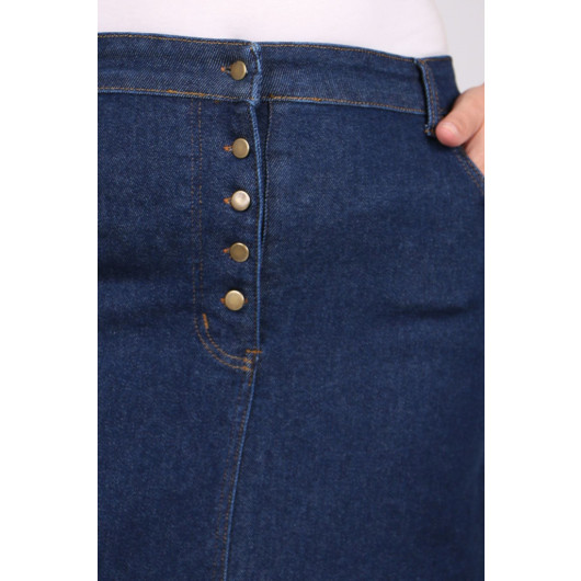 Plus Size Front Buttoned Denim Skirt With Six Tassels - Navy Blue