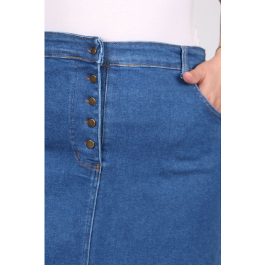Plus Size Front Buttoned Denim Skirt With Six Tassels - Blue