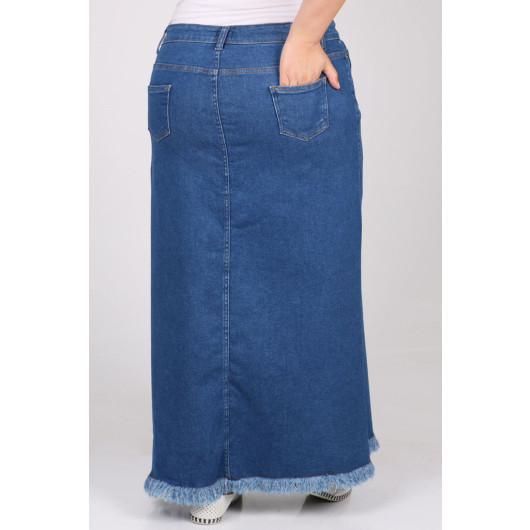 Plus Size Front Buttoned Denim Skirt With Six Tassels - Blue