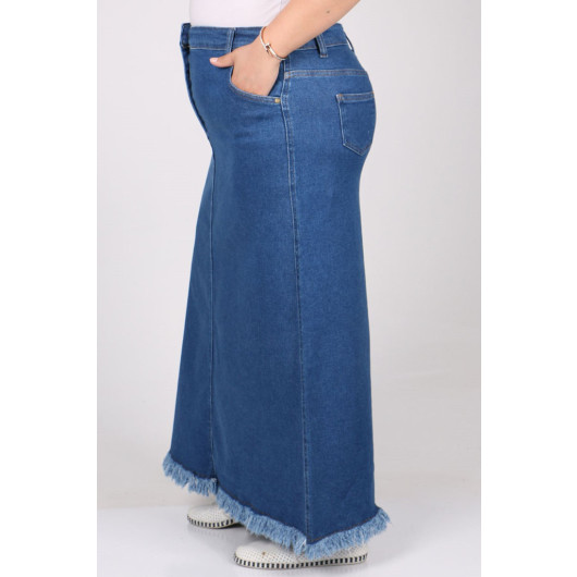 Plus Size Front Buttoned Denim Skirt With Six Tassels - Blue