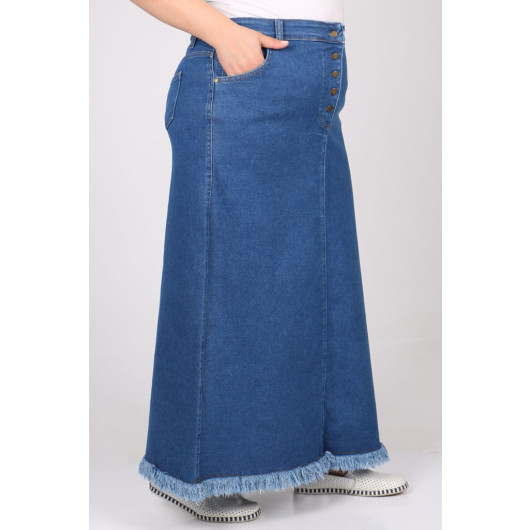 Plus Size Front Buttoned Denim Skirt With Six Tassels - Blue