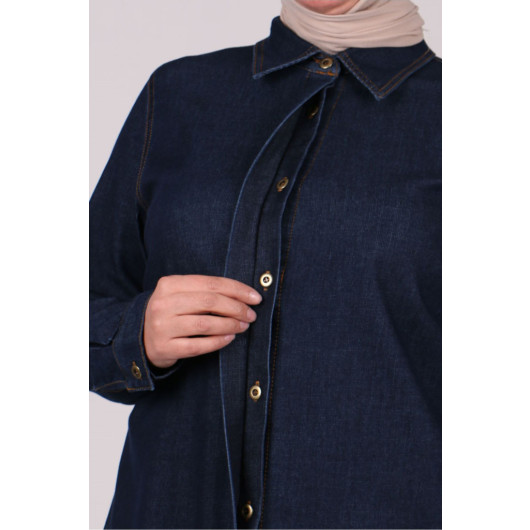 Plus Size Denim Abaya With Hidden Placket - Dark Navy Blue