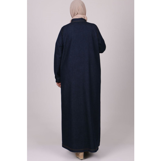 Plus Size Denim Abaya With Hidden Placket - Dark Navy Blue
