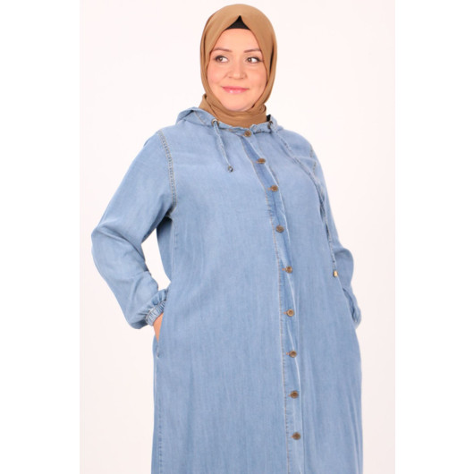 Plus Size Denim Abaya With A Pleat On The Back - Ice Blue