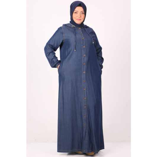 Plus Size Denim Abaya With A Pleat On The Back - Navy Blue