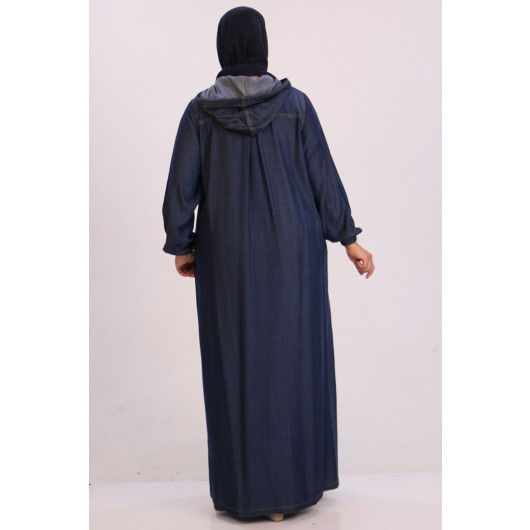 Plus Size Denim Abaya With A Pleat On The Back - Navy Blue
