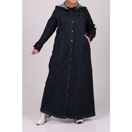 Plus Size Buttoned Denim Abaya - Dark Navy Blue