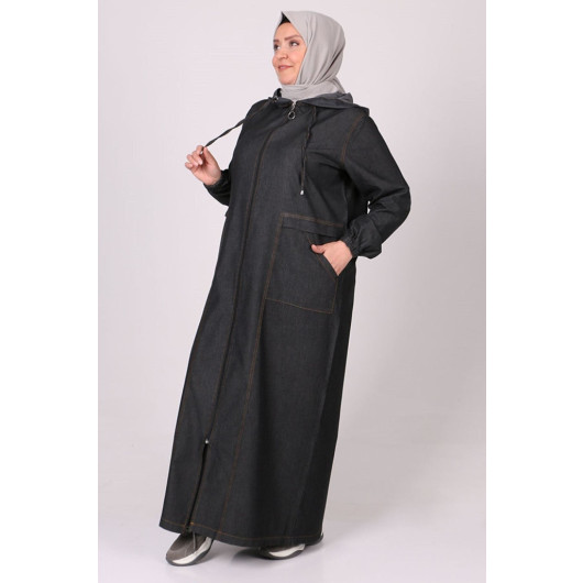Plus Size Zippered And Hooded Denim Abaya - Anthracite