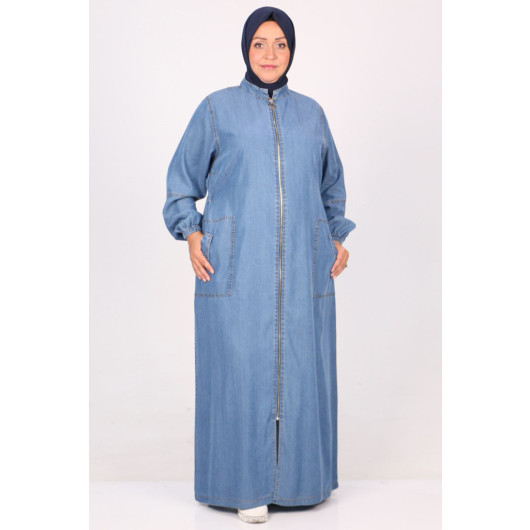 Plus Size Denim Abaya With Elastic Waist - Blue