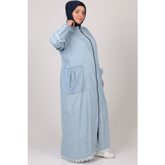 Large Size Denim Abaya With Zipper And Bottom Tassels - Ice Blue
