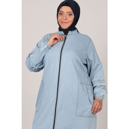 Large Size Denim Abaya With Zipper And Bottom Tassels - Ice Blue