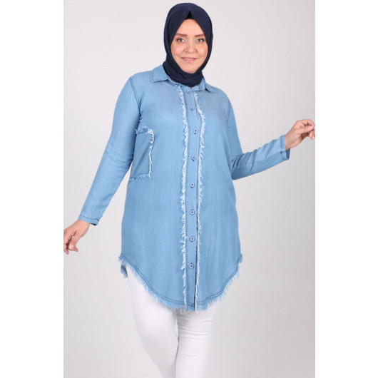 Large Size Tasseled Denim Shirt-Ice Blue