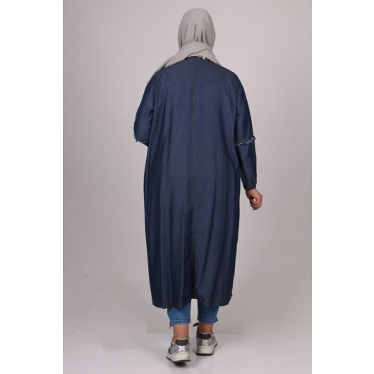 Large Size Tasseled Denim Tunic-Navy Blue