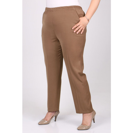 Plus Size Elastic Waist Pipe Leg Width Trousers - Mink