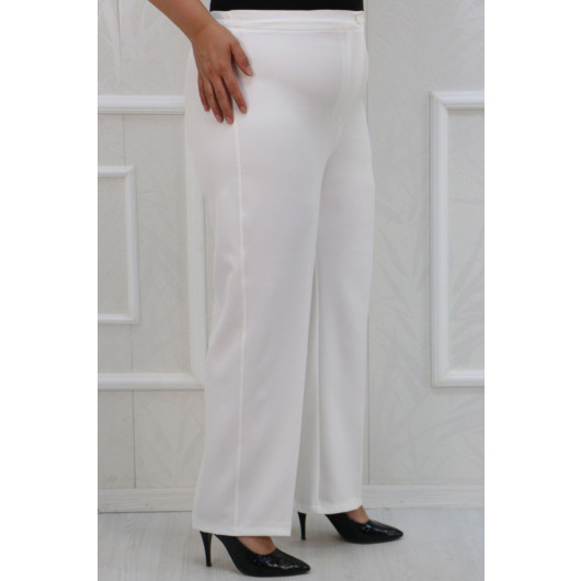 Plus Size Buttoned Waist Length Lycra Trousers - White