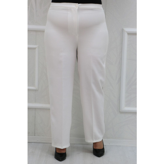 Plus Size Buttoned Waist Length Lycra Trousers - White