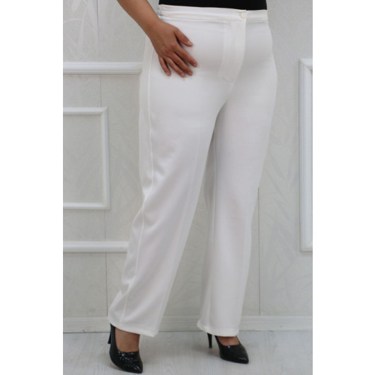 Plus Size Buttoned Waist Length Lycra Trousers - White