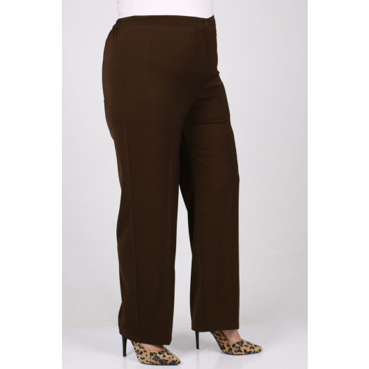 Plus Size Buttoned Waist Length Lycra Trousers - Brown