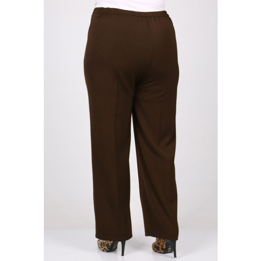 Plus Size Buttoned Waist Length Lycra Trousers - Brown