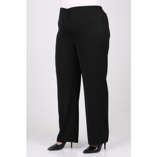 Plus Size Buttoned Waist Length Lycra Trousers - Black