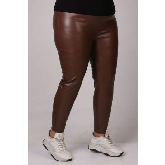 Large Size Leather Leggings With Elastic Waist-Chocolate