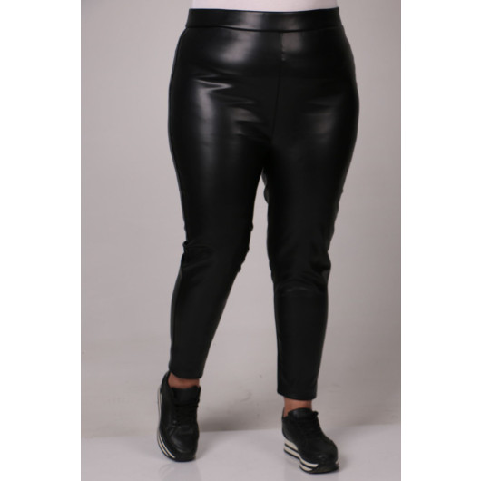 Large Size Leather Leggings With Elastic Waist - Black