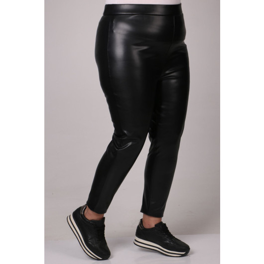 Large Size Leather Leggings With Elastic Waist - Black