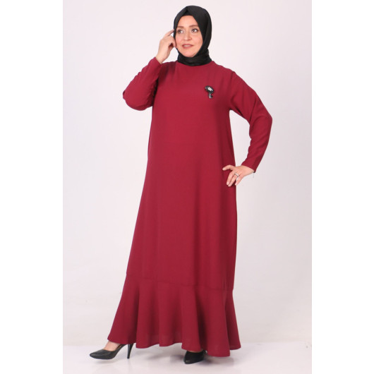 Plus Size Crepe Dress With Removable Brooch - Claret Red