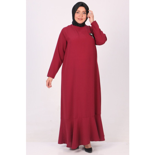 Plus Size Crepe Dress With Removable Brooch - Claret Red