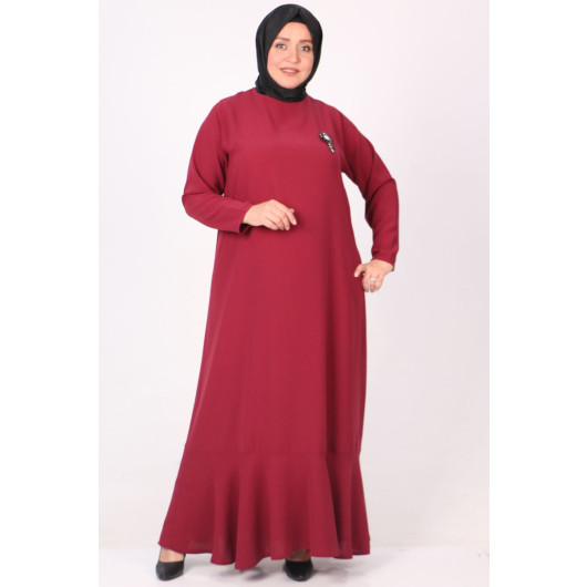 Plus Size Crepe Dress With Removable Brooch - Claret Red