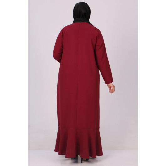 Plus Size Crepe Dress With Removable Brooch - Claret Red
