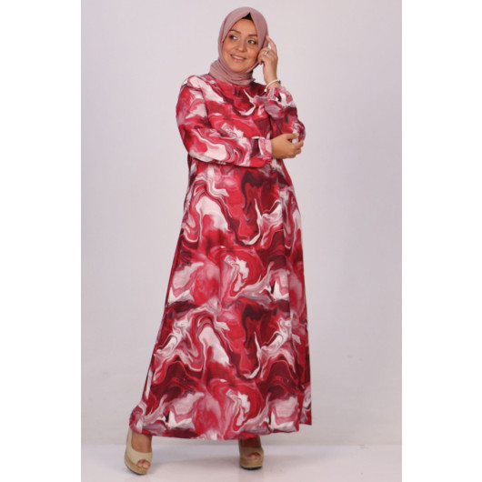 Plus Size Wrinkled Dress - Patterned Red