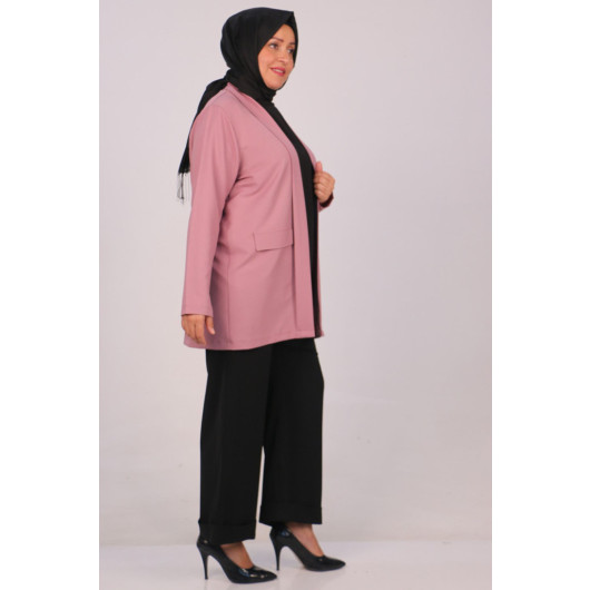 Large Size Double Layer Crepe Buttonless Jacket - Dusty Rose