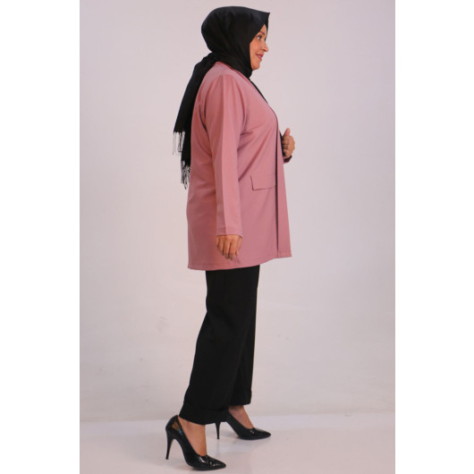 Large Size Double Layer Crepe Buttonless Jacket - Dusty Rose