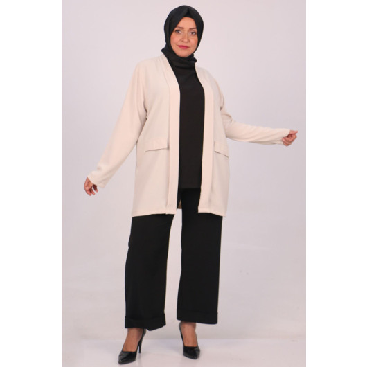 Large Size Double Layer Crepe Buttonless Jacket-Cream