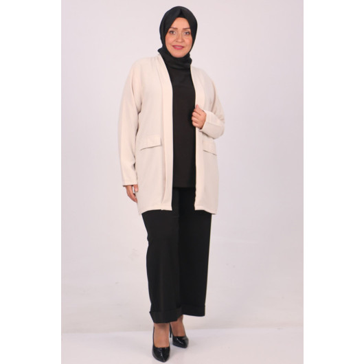 Large Size Double Layer Crepe Buttonless Jacket-Cream