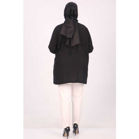 Large Size Double Layer Crepe Buttonless Jacket-Black